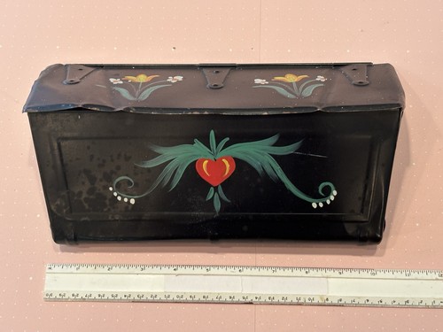 Vtg Toleware Metal Mailbox Hand Painted Tin Flowers Primitive Country Cottage (M