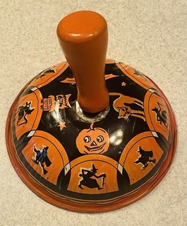 Vntg. Halloween Tin Litho Noisemaker Bell! Witches Cat Bat Owl! US Metal Toy