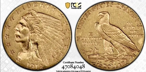 1912 INDIAN HEAD $2.5 GOLD QUARTER EAGLE PCGS AU58 GOLD SHIELD LABEL
