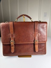 Vintage TANDI Leather Briefcase Brown Attache Double Buckle Shoulder Strap