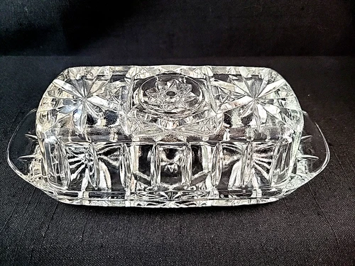 Vintage 1960s Anchor Hocking Star of David Cut Crystal Glass Butter Dish