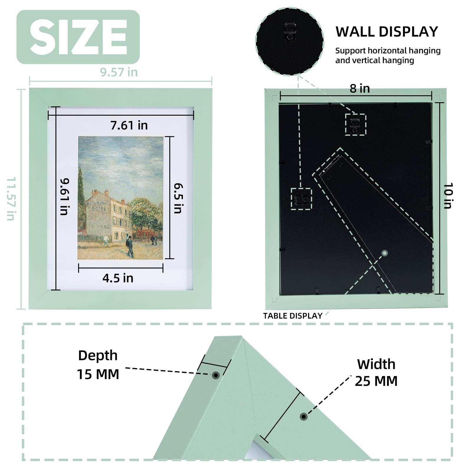 8x10 Wood Picture Frame with Real Glass Cover, Morandi Green Photo Frame Disp...