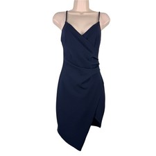 Windsor Navy Blue Asymmetrical Faux Wrap Mini Dress Size Small Ruched