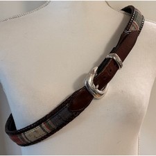 Brighton Brown Leather Braided Trim Belt Woven Panel  Silver Buckle SZ 38