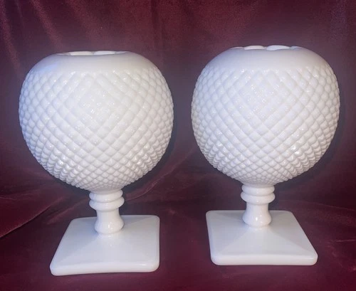 Pair of Vtg Westmoreland Pedestal Vase Ivy Ball Diamond Hobnail Milk Glass