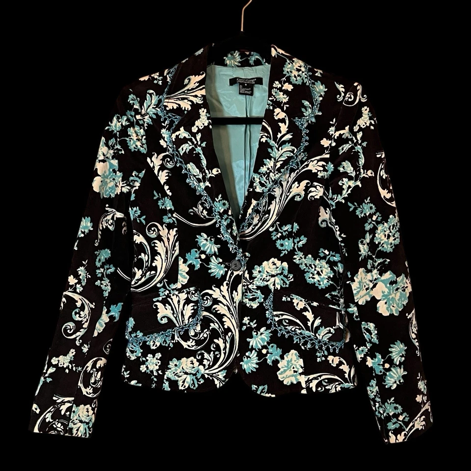 Chaqueta Blazer Karen Kane Mujer Terciopelo Ajustado Adornado 1 Botón Turquesa 8P Foto 2 de 4