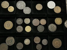 Tray Of 25 Token Pow Good Luck Grocery Pub Masonic Tea RAF Mine Tokens Coins