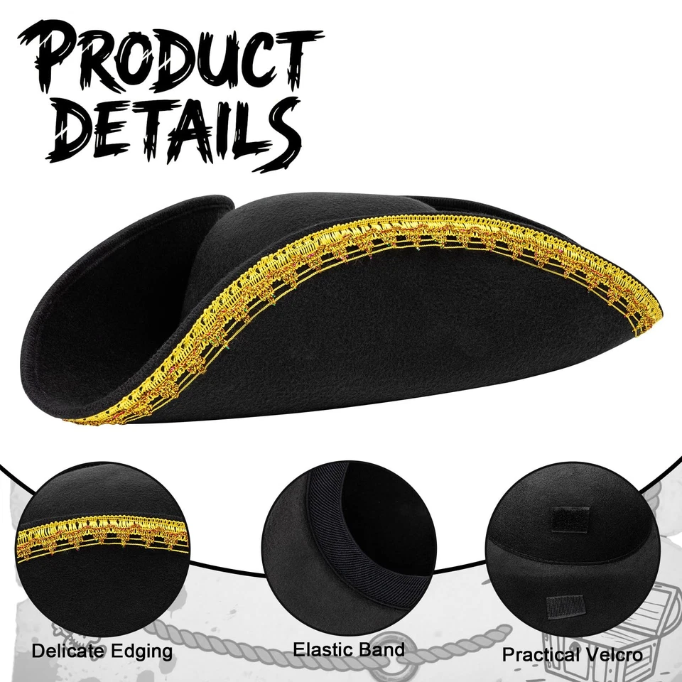 Disfraz de Pirata Sombrero Mujer/Hombre, Negro Pirata Sombrero Niños, Tricomn Colonial Sombreros Ajuste... Foto 3 de 4