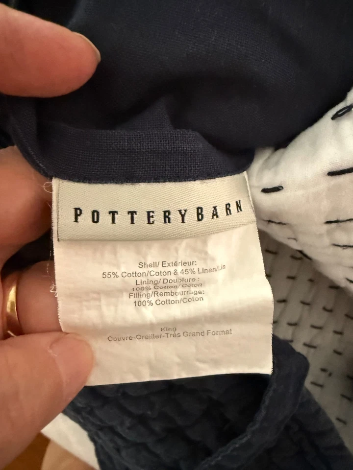 POTTERY BARN Azul Marino Algodón Lino Pick Cosido Acolchado KING SHAM Foto 2 de 2