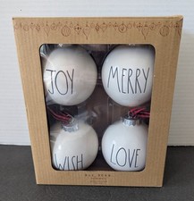 Rae Dunn Set of 4 Christmas Ceramic Ornaments: "Joy, Merry, Wish, Love"