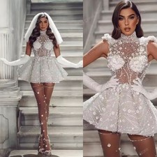 Lovely Wedding Dresses Ruffles Flowers Lace Halter Above-Knee Length Bridal Gown