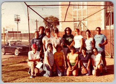 Vtg Color Snapshot Major Mothers Softball Team Group Sports Car Field 1978