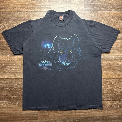 Vintage Y2K Harley Davidson Black Wolf Graphic Tee with Yellow Eyes