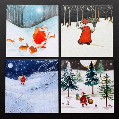SET OF 4 Santa Claus Snow Rabbit Christmas Cards Museums & Galleries UK Charity