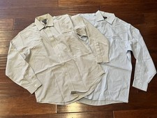 Lot Of 2 Jos A Bank Blue Beige Stripe Plaid Mens 16 Pocket Button Up Dress Shirt