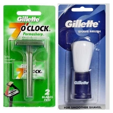 Gillette 7'O Clock Permasharp Travel Safety Razor W 2 Blades & Shaving Brush Set