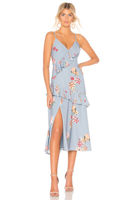 Keepsake Evolve Dress Baby Blue Floral Ruffle V-Neck Cocktail Midi Slip Nwt M