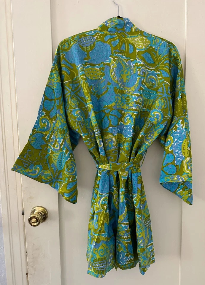 ВИНТАЖНЫЙ шелковый халат кимоно Star Of Siam 1960-е РЕДКИЙ гавайский принт Таиланд M - Изображение 3 из 4