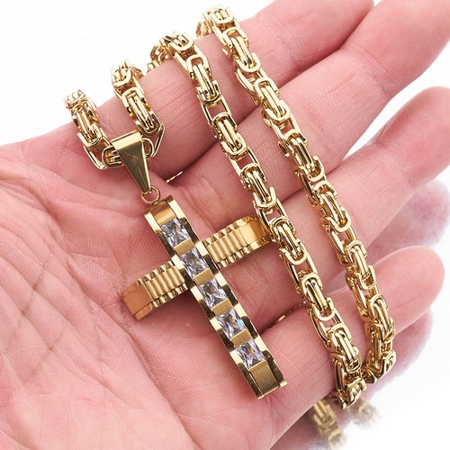 Women Men's Cross Pendant 18K Gold Stainless Steel 5mm Byzantine Chain Necklace - Picture 5 of 6