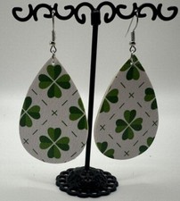 Faux Leather Teardrop Shaped Clover St. Patrick's Day Drop Dangle Earrings