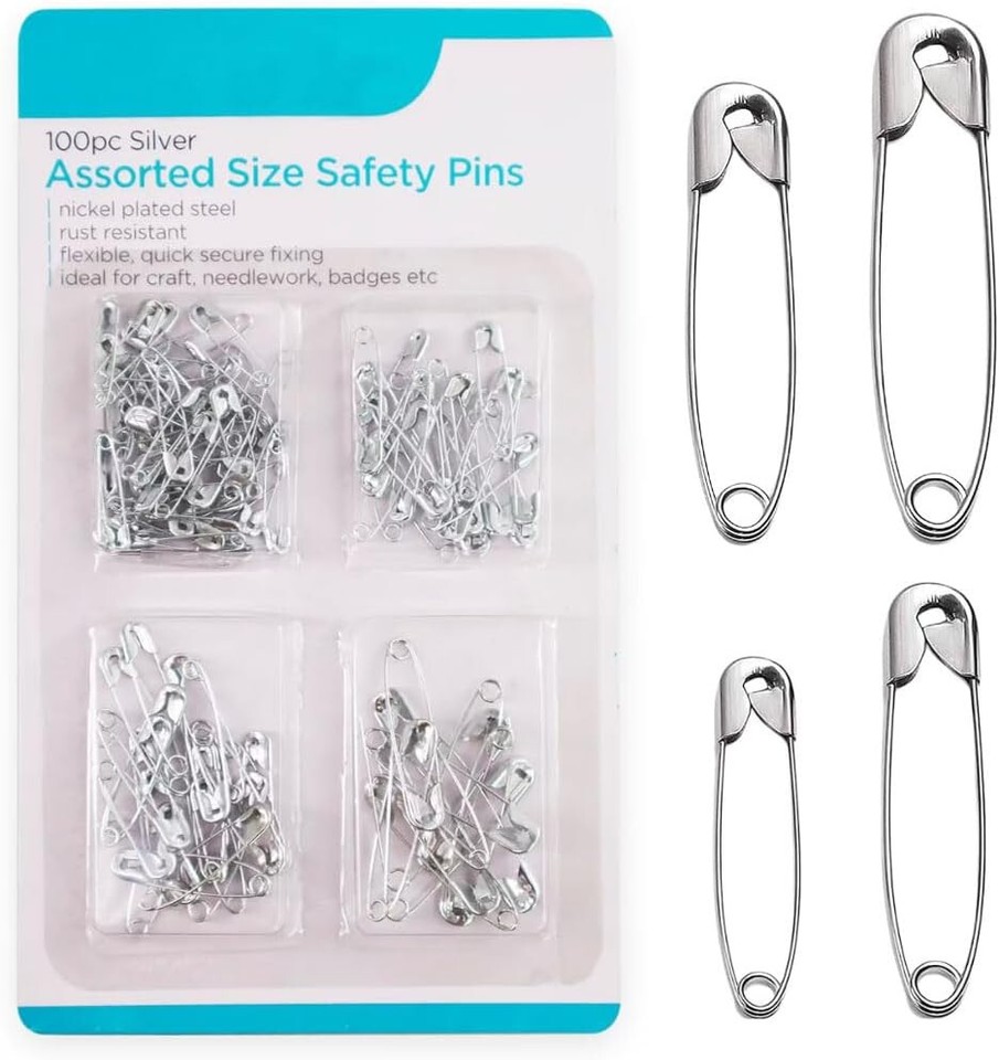 100 Safety Pins, Assorted Sizes, Rust Resistant Nickel Plated Steel Pin