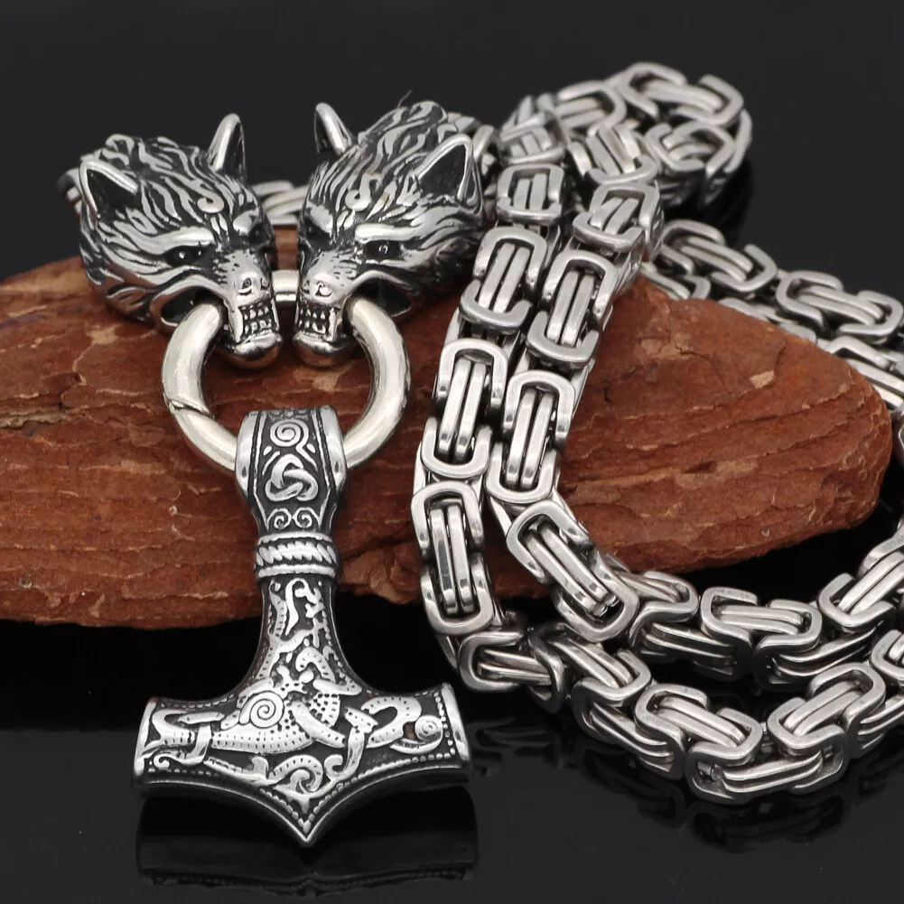 Stainless steel wolf best sale head chain with mjolnir