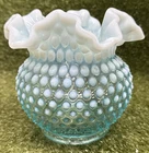 Vintage Fenton Aqua Blue Opalescent Hobnail 5.5" Ruffled Vase