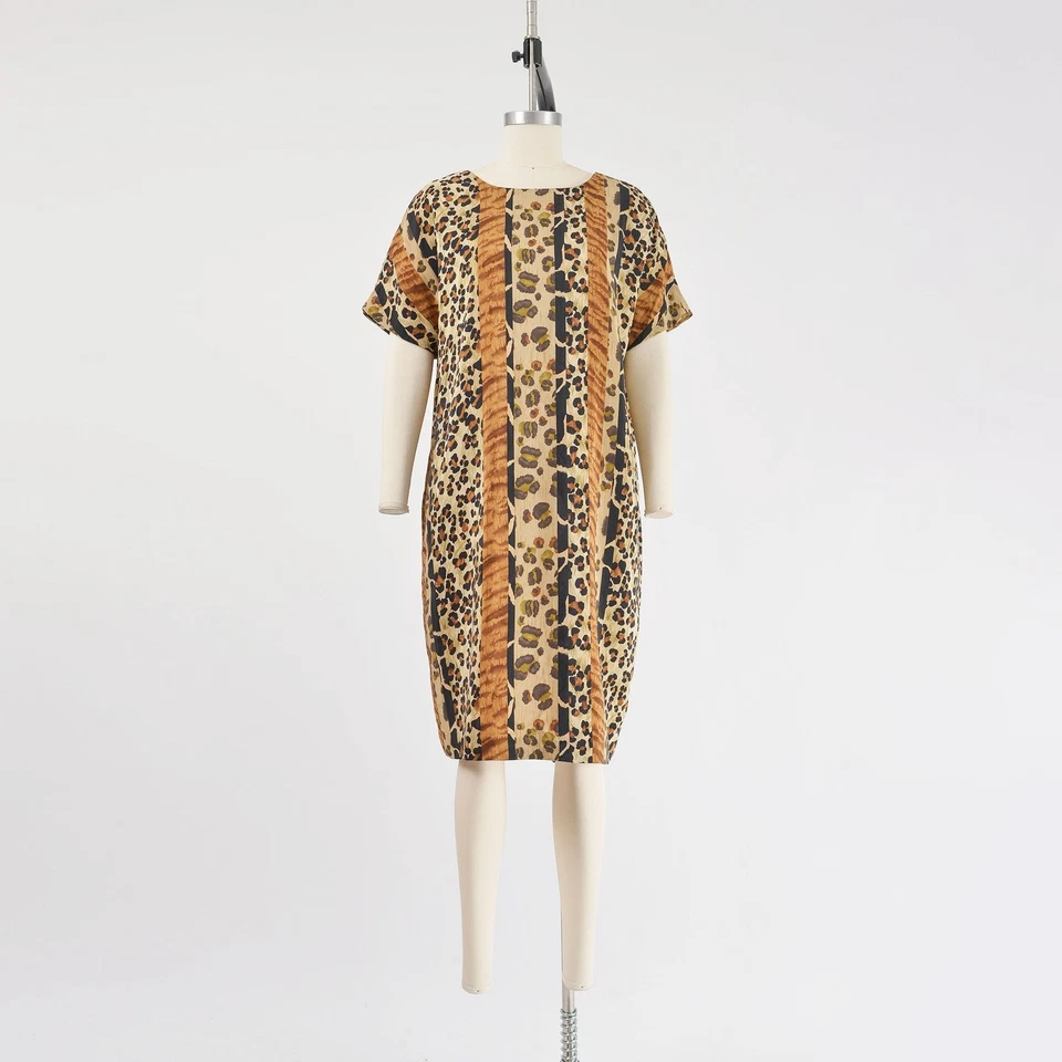 Vestido recto vintage años 90 seda rayas estampado animal leopardo marrón y negro M L Foto 2 de 4