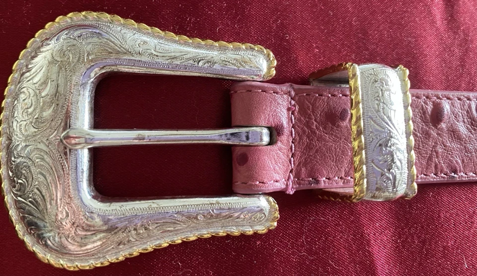 Vintage Western Top Grain Ostrich Embossed Leather Pink Belt With Conchos - Image 2 of 4