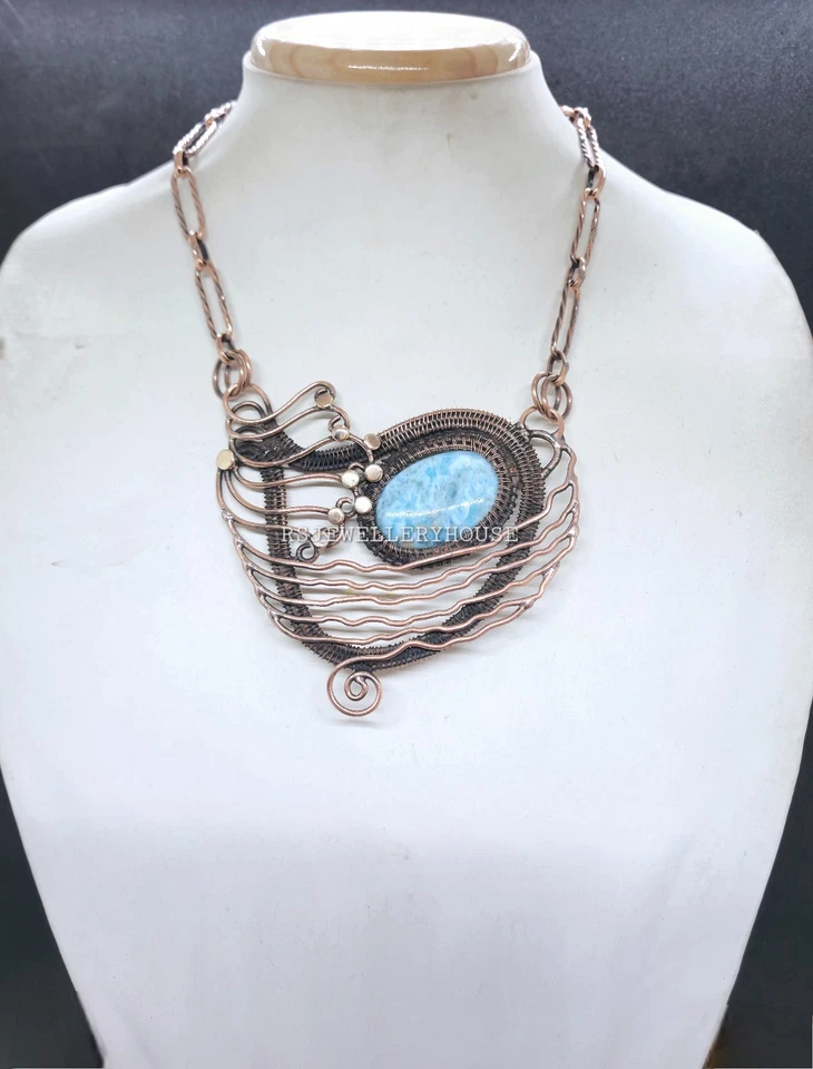 Шикарный ларимар ожерелье медная проволока обернутый ювелирных изделий ручной работы ларимар драгоценный камень - Изображение 2 из 4