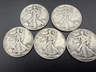 Lot of 5 Walking Liberty Silver Half Dollars 1941 1942 1943 1944 1945 Circulated