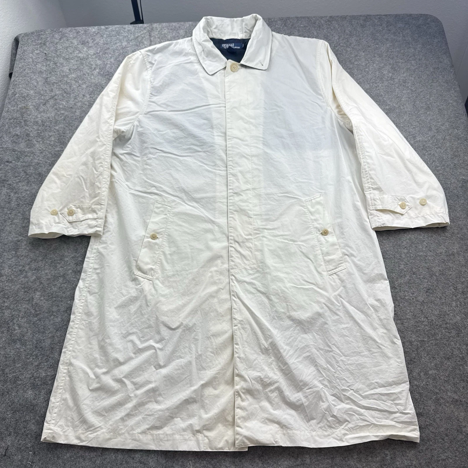 Vintage Polo Ralph Lauren Duster Coat L Cream Cotton Black Watch Plaid Trench