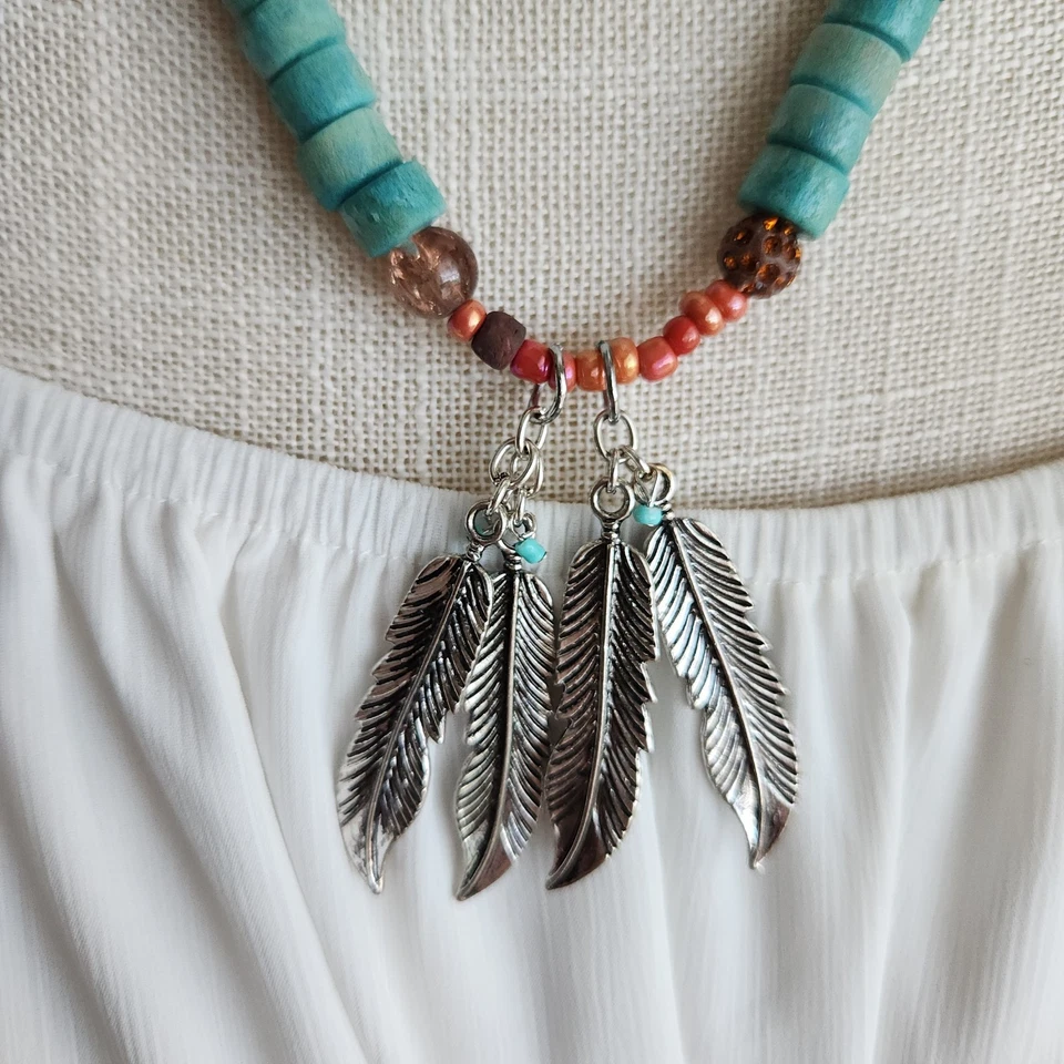 Silver Tone Feather Pendant Necklace w/ Green Wood Beads | Southwestern Boho 19" - Image 3 of 4