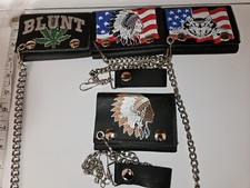 8 DESIGNS LEATHER TRI-FOLD MEN WALLET W SNAP ON CHAIN NEW BLUNT WOLF SKULL FLAG