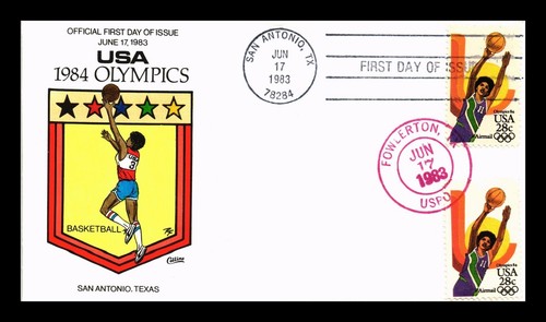 US COVER OLYMPICS BASKETBALL FDC DUAL HAND CANCEL COLLINS HAND PAINTED