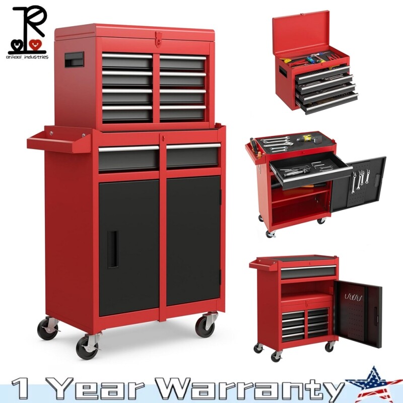 5-Drawer Red Rolling Tool Cart with Detachable Chest & Adjustable Shelf