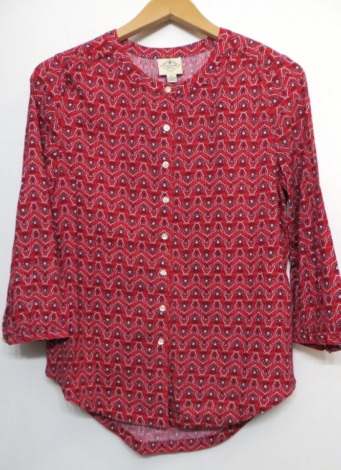 Camisa St. John's Bay para mujer pequeña roja multicolor manga 3/4 abotonada Foto 2 de 4