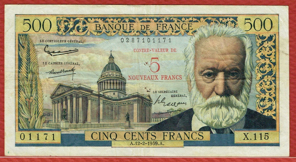 FRANCE 12.2.1959 5 NOUVEAUX FRANCS OVERPRINT ON 500 FRANCS (PICK#137b) PMG VF 30 - Image 2 of 4