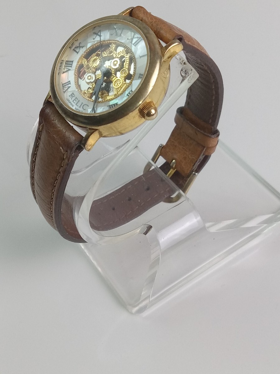 Vintage Relic ZR 38021 Skeleton Watch w Faceted Face Brown Vintage Relic ZR 38021 Skeleton Watch w Faceted Face Brown