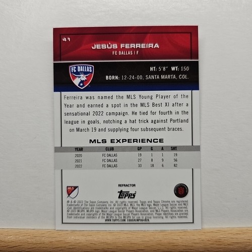 2023 Topps Chrome MLS Soccer Jesus Ferreira base Refractor card # 41 - Picture 2 of 2