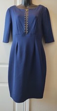 Sangria Navy Blue Gold Studded Stretch Scuba Sheath Work Dress Size 6