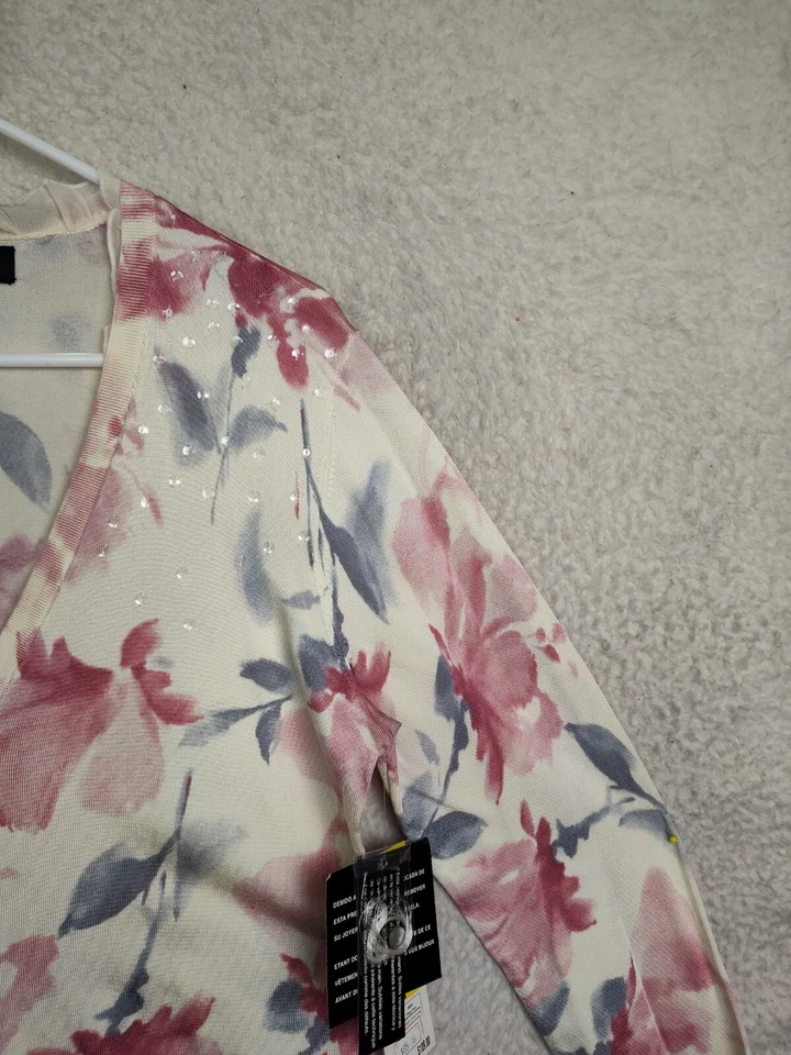Cárdigan Jones New York Mujer Suéter Mediano Crema Floral Mezcla Rayón Cuello en V Foto 3 de 4