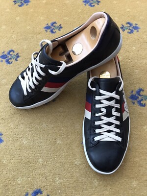 Gucci Turnschuhe Sneaker Schuhe Ace Blind Love Schwarz Leder Herren UK 10 US 11 EU 44