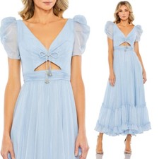 Mac Duggal NEW Ruffle Tiered Metallic Ruched Shoulder Dress Powder Blue - Size 8