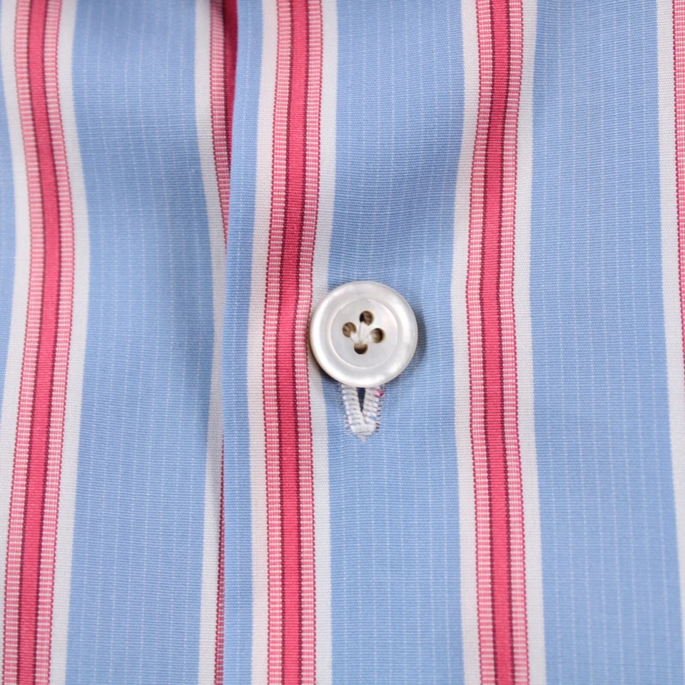 Camisa de vestir Kiton nueva con etiquetas talla 15.75 40 azul rosa con rayas blancas 100 % algodón Foto 4 de 4