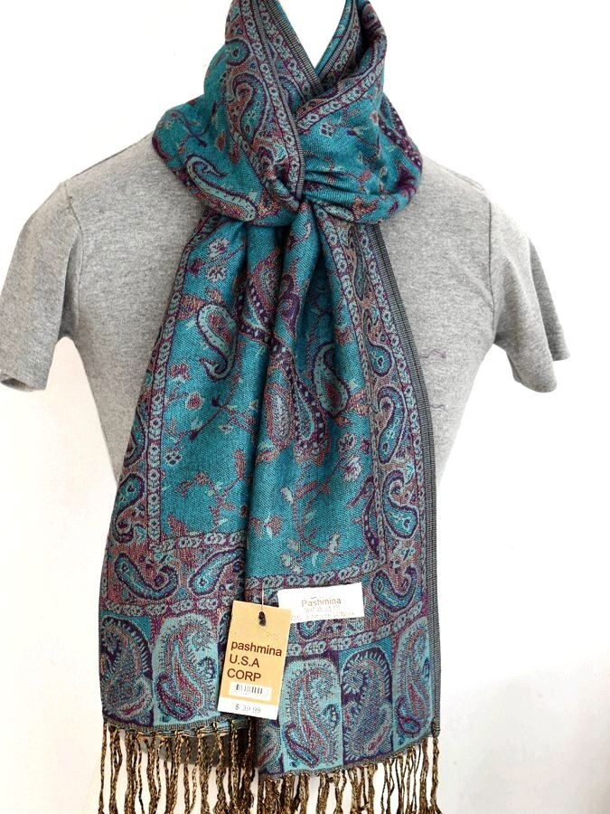 Pashmina Scarf Shawl Wrap Paisley Purple Turquoise Silk Cashmere
