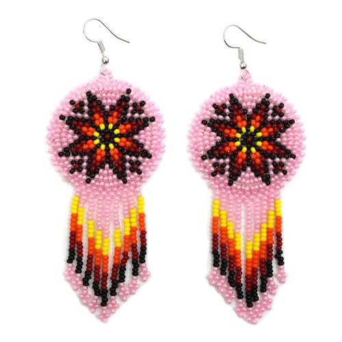 Handmade beaded Native style Artisan Fringe Multi-Color Hook Earrings