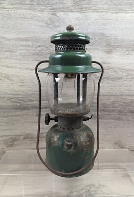 Vintage Coleman Rising Sun 242C Lantern USA Green Brass PYREX Glass Untested 