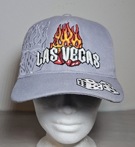 Las Vegas Embroidered Flames Graphic Gray Canvas Strapback Hat/Cap Travel Casino