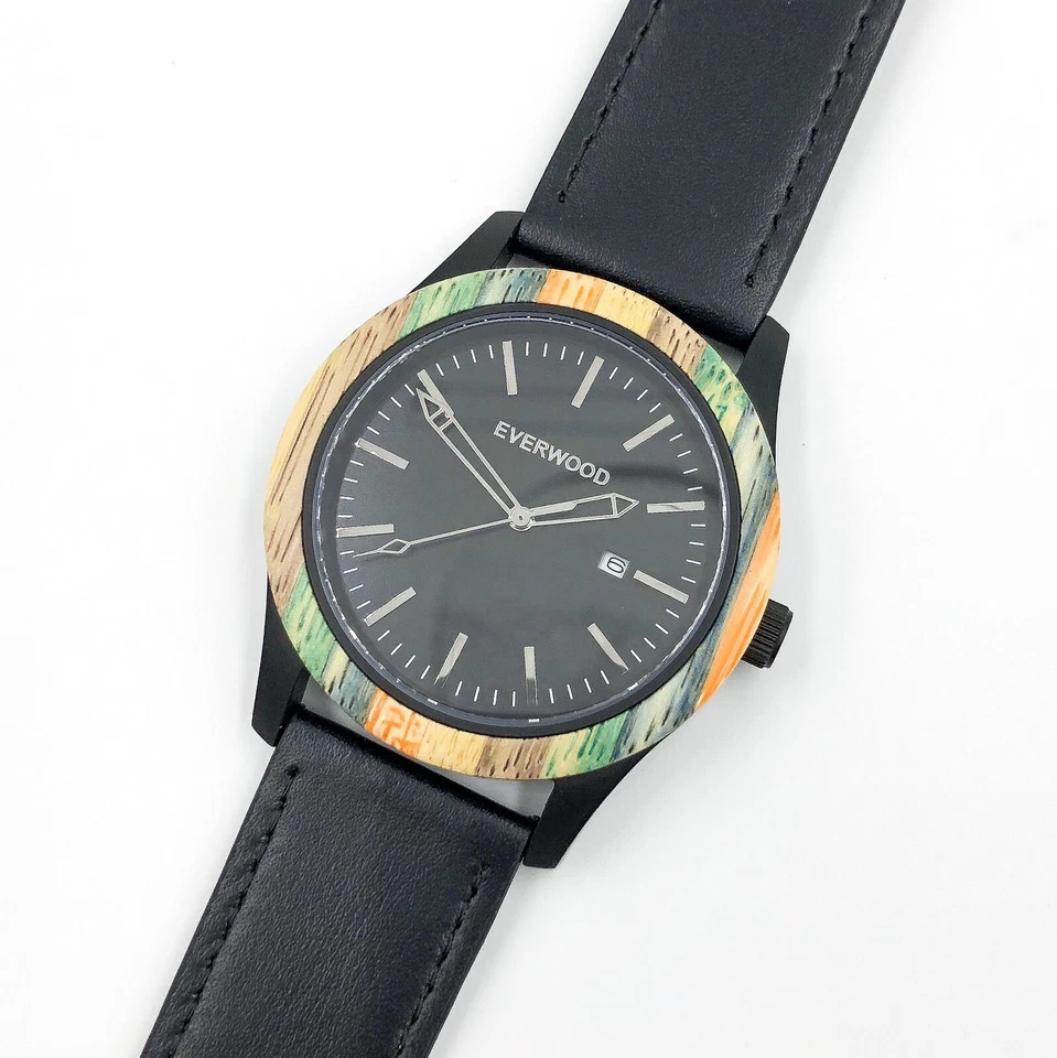 Reloj Hombre Premium Multi Bambú y Cuero Negro - Regalo Para Él - Los Mejores Regalos Para Papá Foto 2 de 4